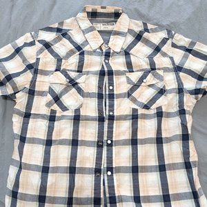 Mens Large Button Shirt Peach and Blue Stripe